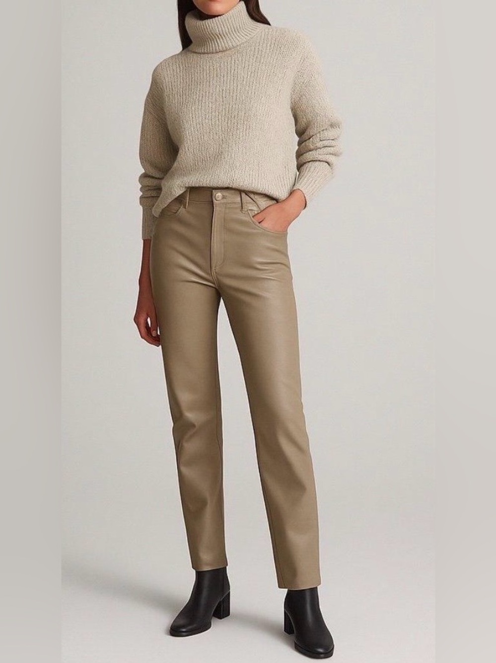 Wilfred Aritzia Faux Leather Straight Leg Pants Taupe High Rise Size 2